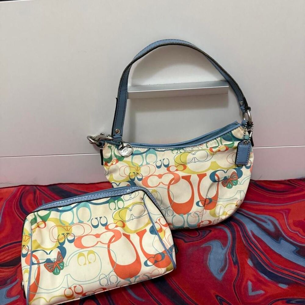 2 Piece Bundle Coach Scribble Multi-Color Monogram Demi Bag & Pouch Set 🦋🩵